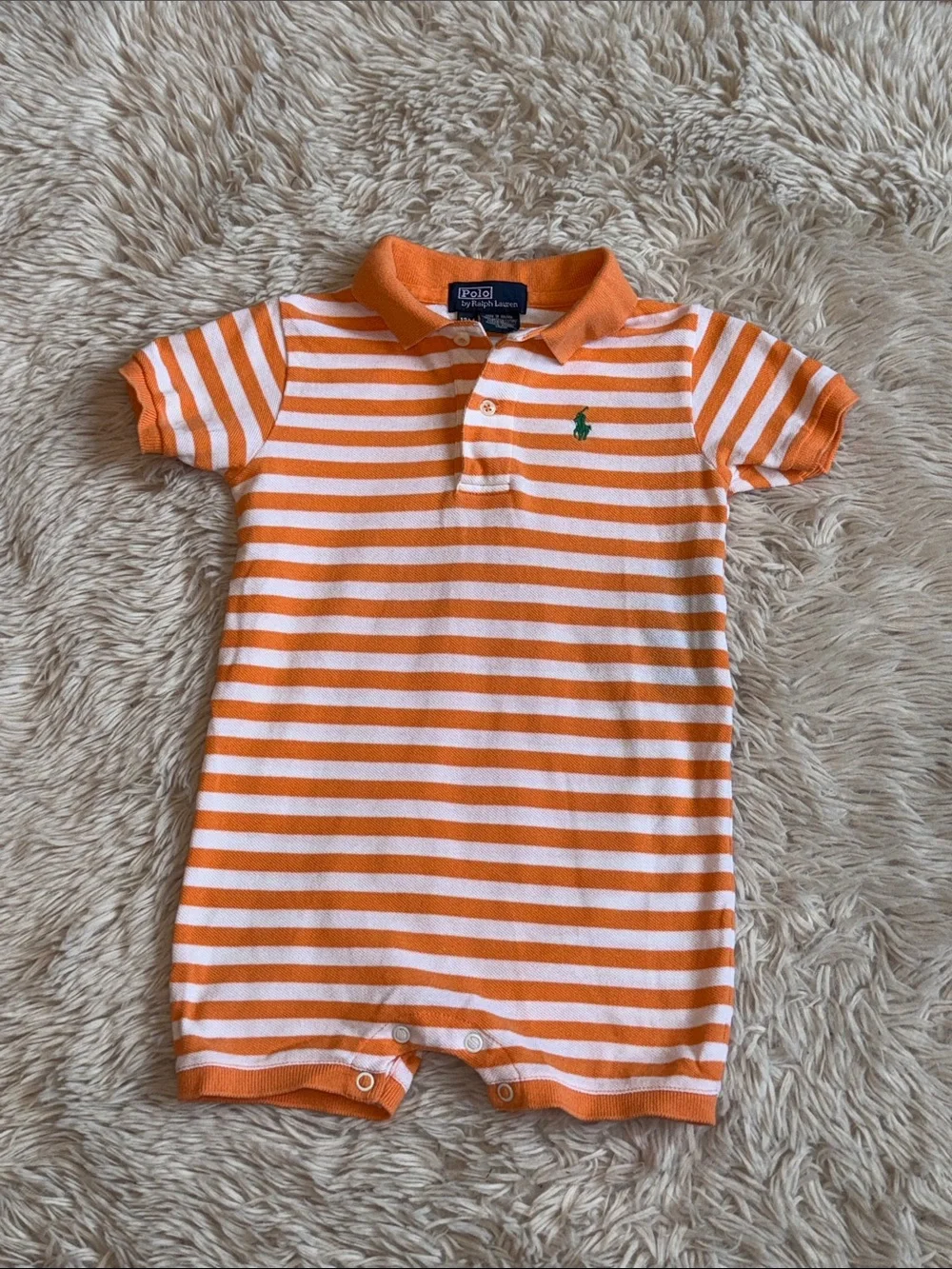 🐎Ralph Lauren Orange & White Striped Polo Romper/Shortall 12 mths